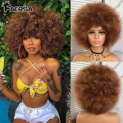 Short Hair Afro Kinky Curly Wigs With Bangs For Black Women African Synthetic Ombre Glueless Cosplay Natural Blonde Red Blue Wig