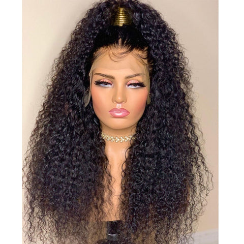 26Inch 180%Density Natural Black Soft Kinky Curly Long Glueless Lace Front Wig High temperature With Baby Hair For Women